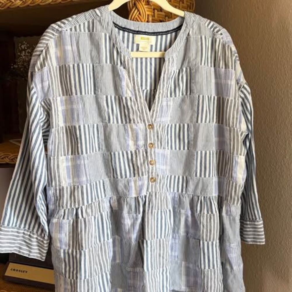 anthropologie blue patchwork long sleeve top 100% cotton